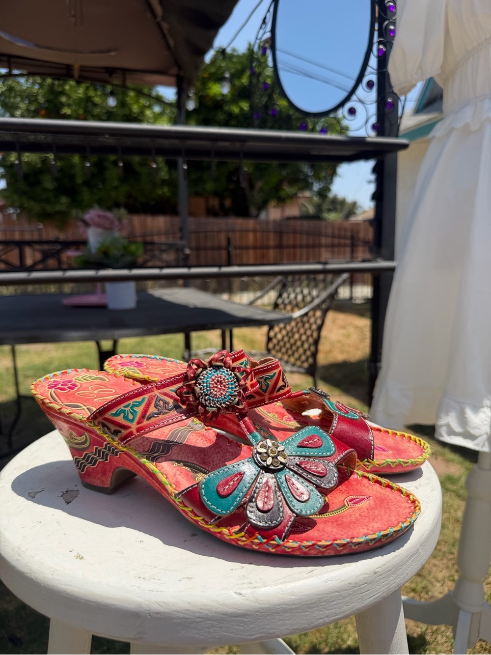 Othr Red and Teal Embellished Floral Slide Heels